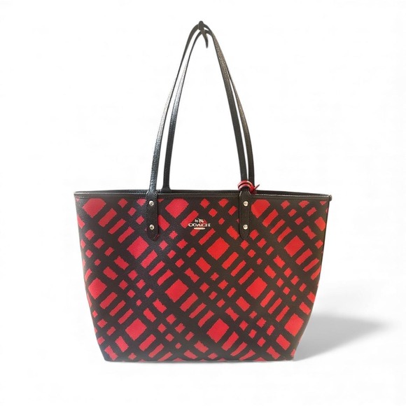 Coach Handbags - Coach Reversible Tote Bag Red Black Graphic Print Leather Interior Pouch